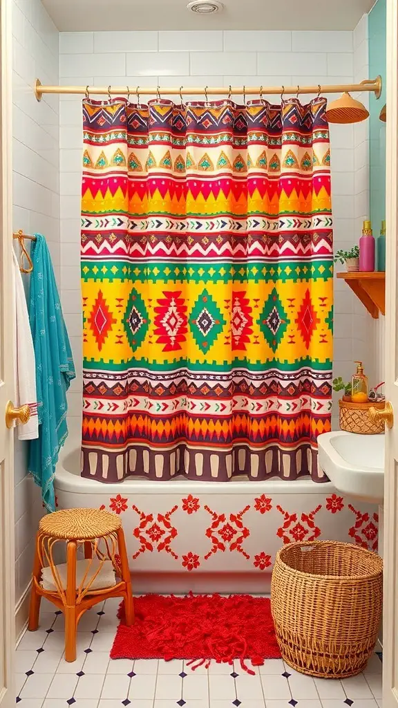 25+ Stunning Boho Shower Curtain Ideas for a Unique Bathroom Decor 16 A colorful shower curtain with bright tribal prints in a bathroom setting.