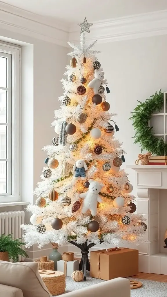 A beautifully decorated white Christmas tree with warm lights and unique ornaments.