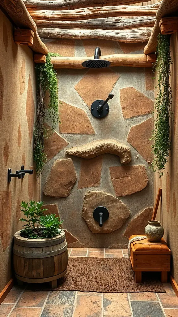 27+ Inspiring Rustic Walk-In Shower Ideas You’ll Love 4 Rustic walk-in shower with earthy color palette, featuring stone walls, wooden beams, and plants.