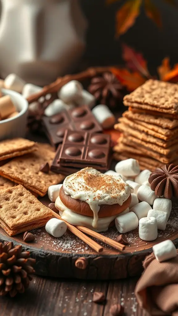 A beautifully arranged S'mores and Sweet Treats Board with graham crackers, chocolate, marshmallows, and seasonal decorations.