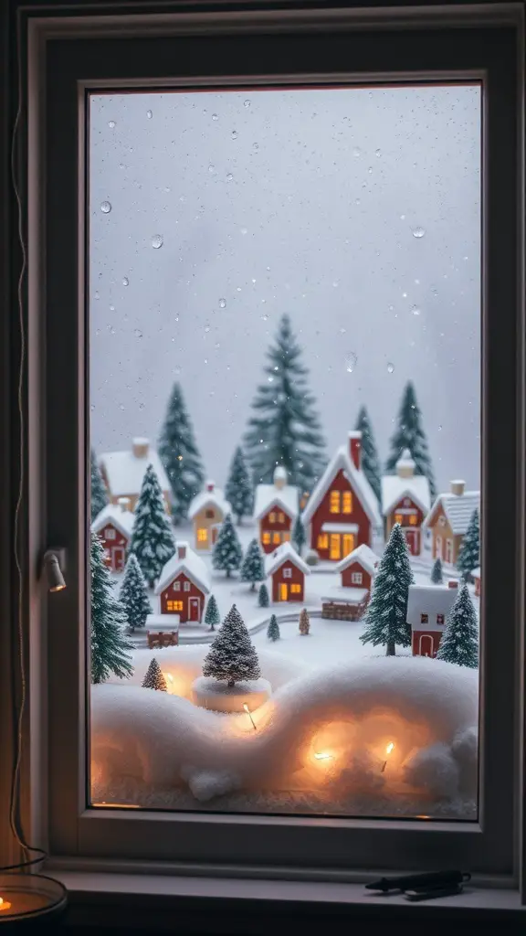 23+ Stunning Christmas Window Decorations to Brighten Your Home 10 A snowy village scene with miniature houses and trees, viewed through a window with raindrops.