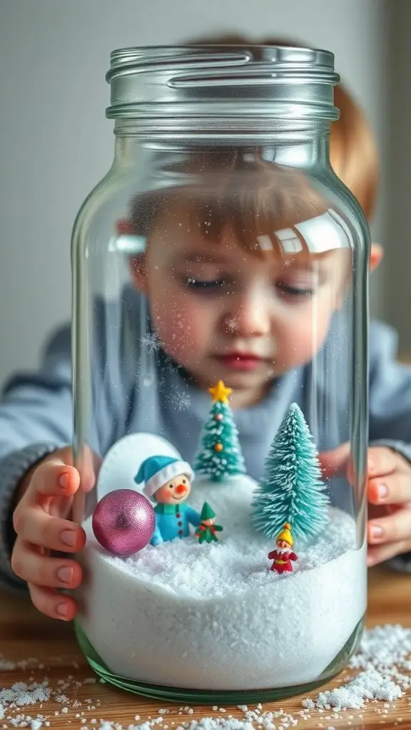 A child looking at a jar filled with a snowy scene, featuring a snowman and miniature trees.