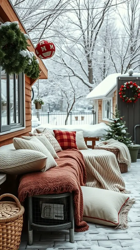 Cozy outdoor seating area with blankets and pillows in a winter setting.