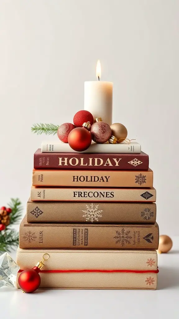A decorative stack of holiday-themed books topped with a candle and ornaments.