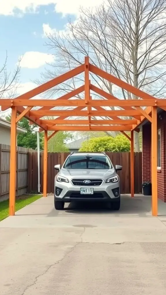 25+ Stylish Carport Ideas to Enhance Your Garage Front 16 A wooden carport in front of a garage with a silver car parked underneath.