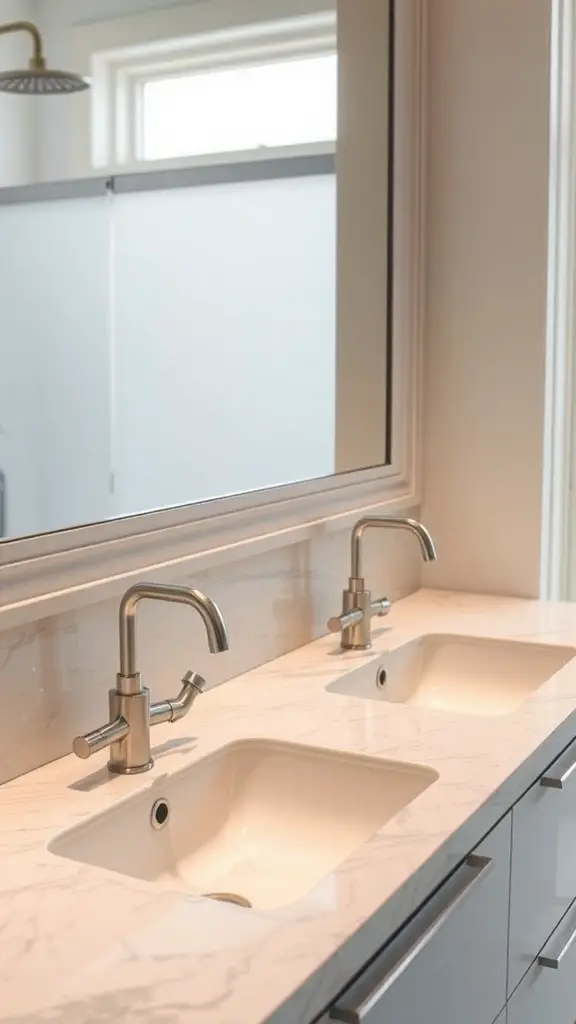 23+ Stylish Bathroom Double Sink Ideas to Enhance Your Space 15 A modern double sink setup with stylish faucets in a bathroom.