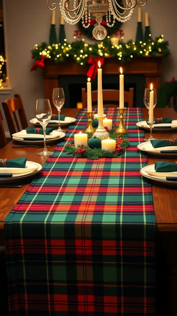 29+ Stunning Christmas Table Runner Ideas for a Festive Holiday Table 13 A Christmas table set with a tartan pattern runner, candles, and festive decorations.