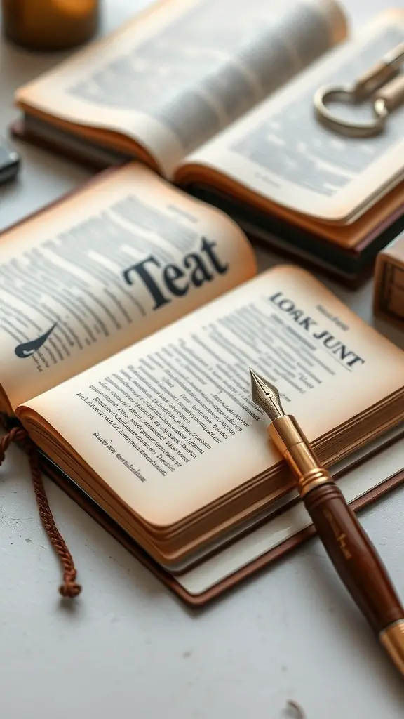 A collection of open handmade journals with a fountain pen on a table.