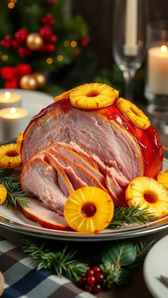 25+ Must-Have Dishes for Your Christmas Dinner Buffet 9 A beautifully glazed honey ham garnished with pineapple slices, surrounded by festive decorations.