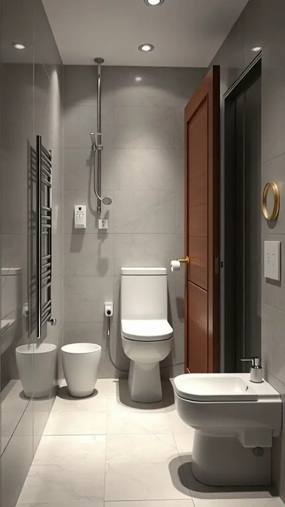 29+ Stunning Tiny Bathroom Layouts for Small Spaces 5 A modern tiny bathroom featuring a sliding door, showcasing a compact layout.