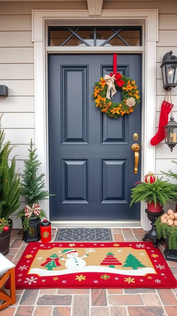 A festive red door mat with a snowman and Christmas trees in front of a decorated door.
