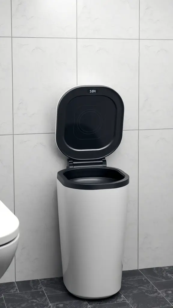 A modern smart sensor trash can in a bathroom setting.