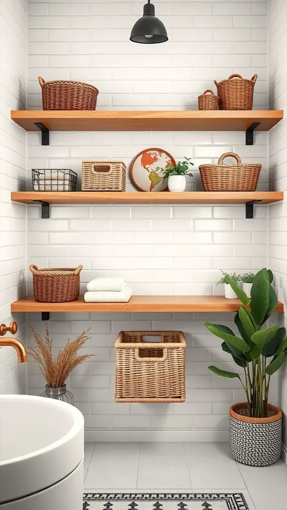 25+ Stylish Bathroom Wall Basket Ideas for Every Space 16 Floating shelves with various baskets and plants in a modern bathroom setting.