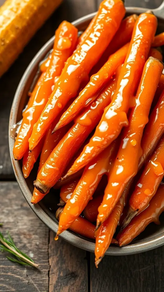 27+ Must-Have Dishes for the Ultimate Thanksgiving Spread 4 A bowl of honey glazed carrots, glistening with a sweet glaze, ready to be served.