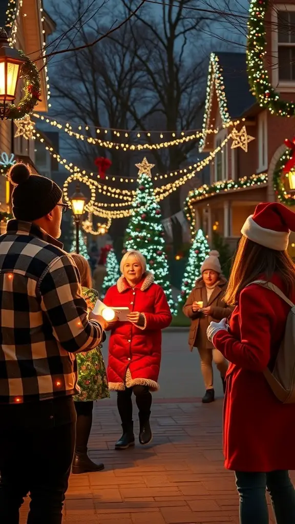 27+ Creative Christmas Party Ideas for Adults 14 A festive holiday scene with people participating in a scavenger hunt, surrounded by Christmas lights and decorations.