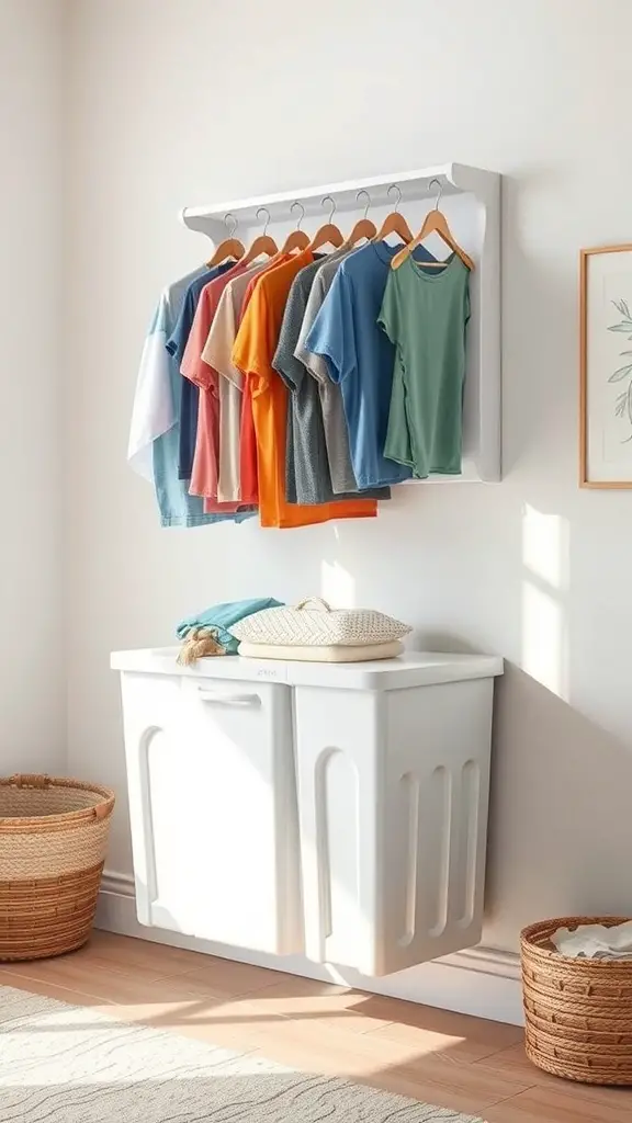 25+ Creative Wall Mounted Laundry Hamper Ideas for Space-Saving Solutions 12 A modern multi-compartment wall-mounted laundry hamper with hanging space for clothes.