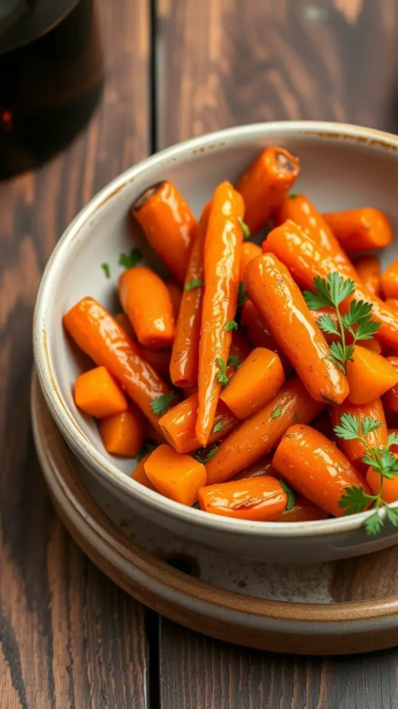 29+ Must-Try Thanksgiving Vegetable Sides for Your Holiday Feast 5 A bowl of maple glazed carrots garnished with herbs