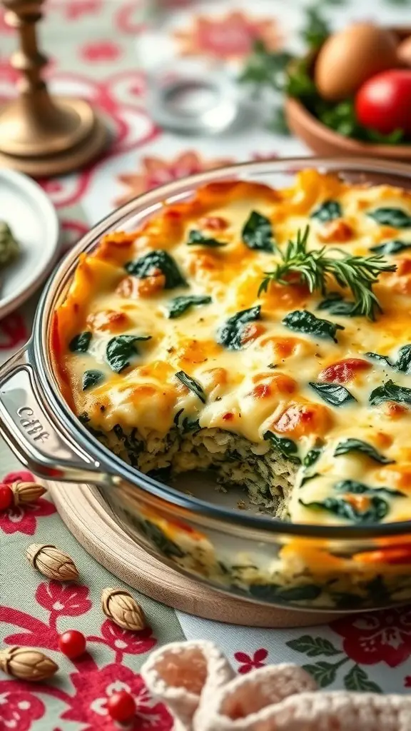 A savory breakfast casserole with spinach and cheese, baked to a golden brown, served on a festive table.