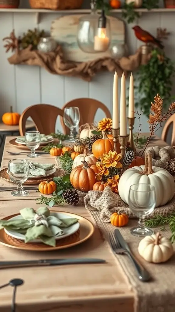 A rustic Thanksgiving table setting with pumpkins, flowers, and candles.