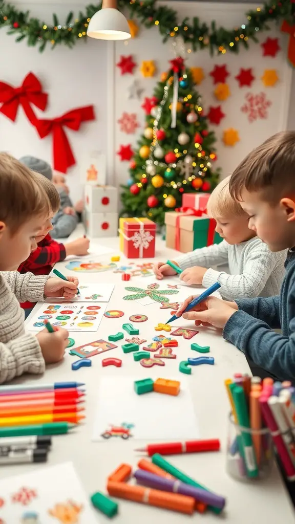 Children making Christmas cards at a festive table with craft supplies and decorations.
