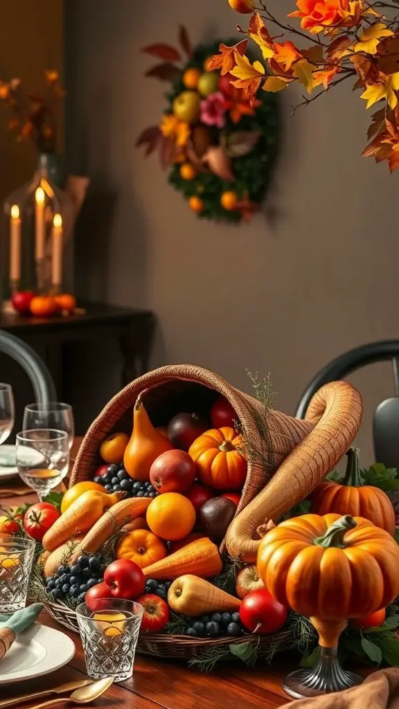 A cornucopia filled with fruits and vegetables on a Thanksgiving table
