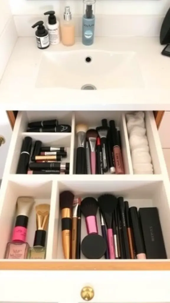 25+ Clever Hidden Storage Ideas for Your Bathroom 14 A bathroom drawer organized with customizable dividers, holding various makeup and beauty products.