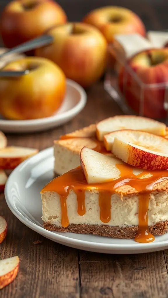 25+ Delicious Thanksgiving Desserts Perfect for a Crowd 11 A slice of caramel apple cheesecake topped with apple slices and caramel sauce, with fresh apples in the background.
