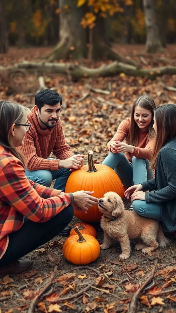 A group of friends sitting around a pumpkin in a forest, enjoying a game together.