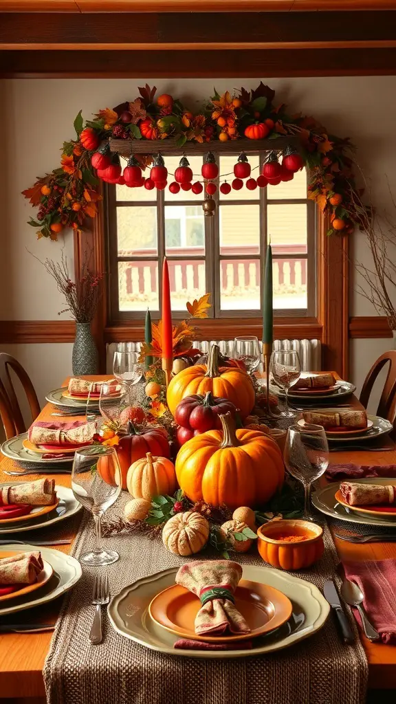 A beautifully arranged Thanksgiving table with pumpkins, autumn leaves, and elegant place settings.