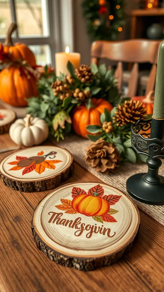 25+ Creative Thanksgiving Crafts for Adults 8 Wood slice coasters with Thanksgiving designs, featuring pumpkins and a turkey, surrounded by autumn decorations.