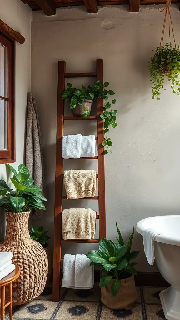 A wooden ladder decor in a rustic bathroom, holding towels and plants.