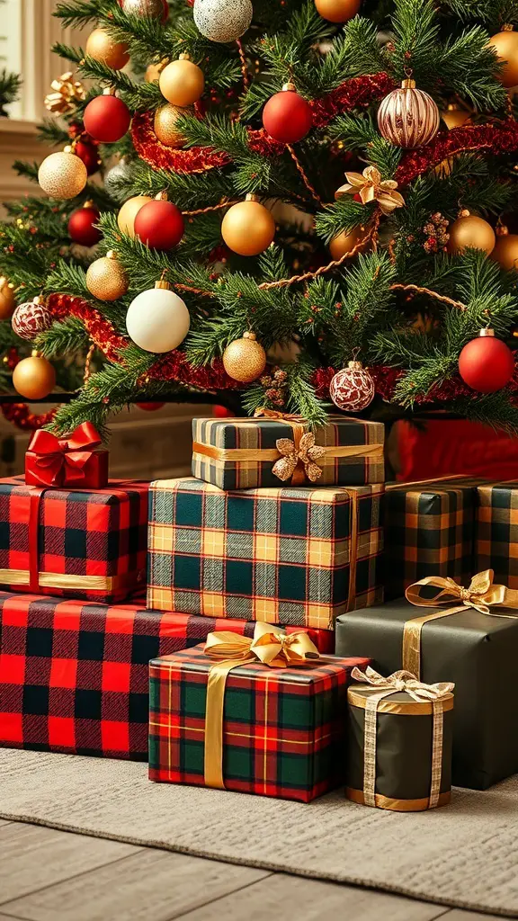 A collection of beautifully wrapped gifts in buffalo plaid patterns under a decorated Christmas tree.