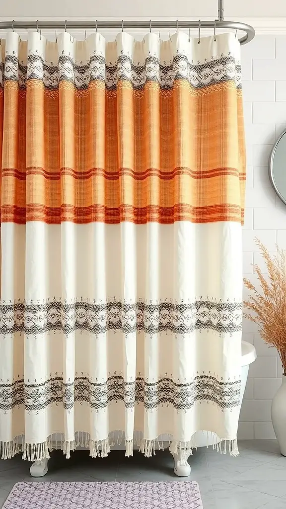25+ Stunning Boho Shower Curtain Ideas for a Unique Bathroom Decor 10 Boho style shower curtain with orange and black patterns
