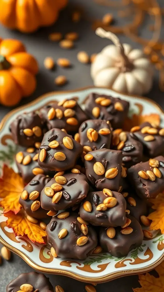 A plate of chocolate clusters topped with pumpkin seeds, surrounded by pumpkins and autumn leaves.