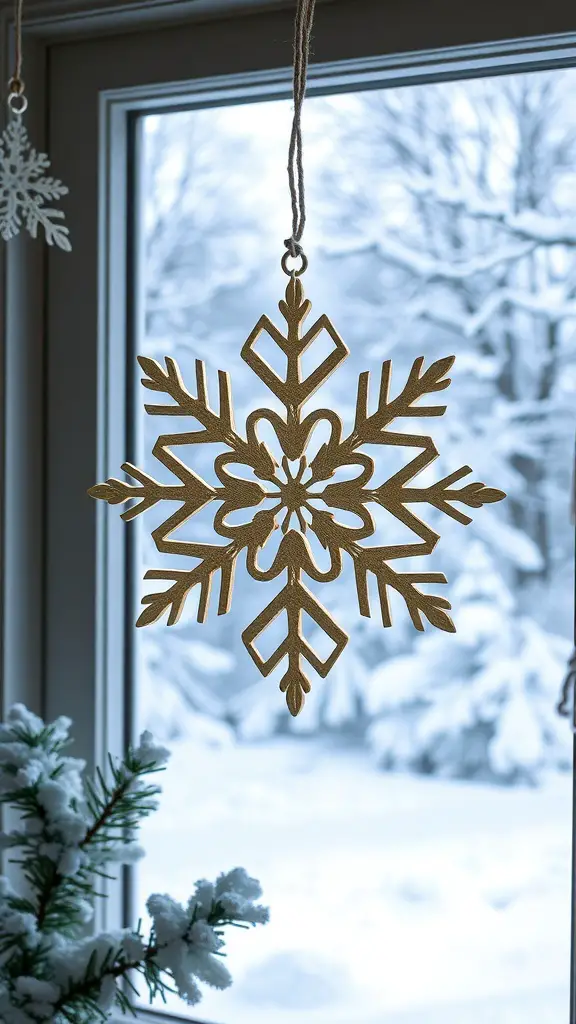 Handprint snowflake craft hanging in a window with snow outside