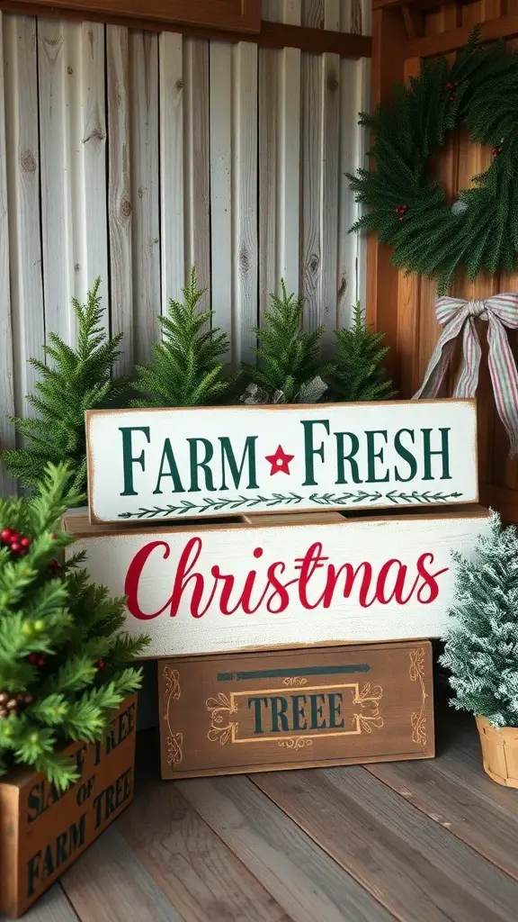 Farm Fresh Christmas signs with greenery in a rustic setting