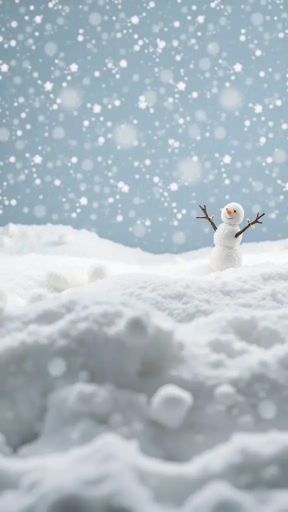 A snowy scene with cotton balls and a small snowman