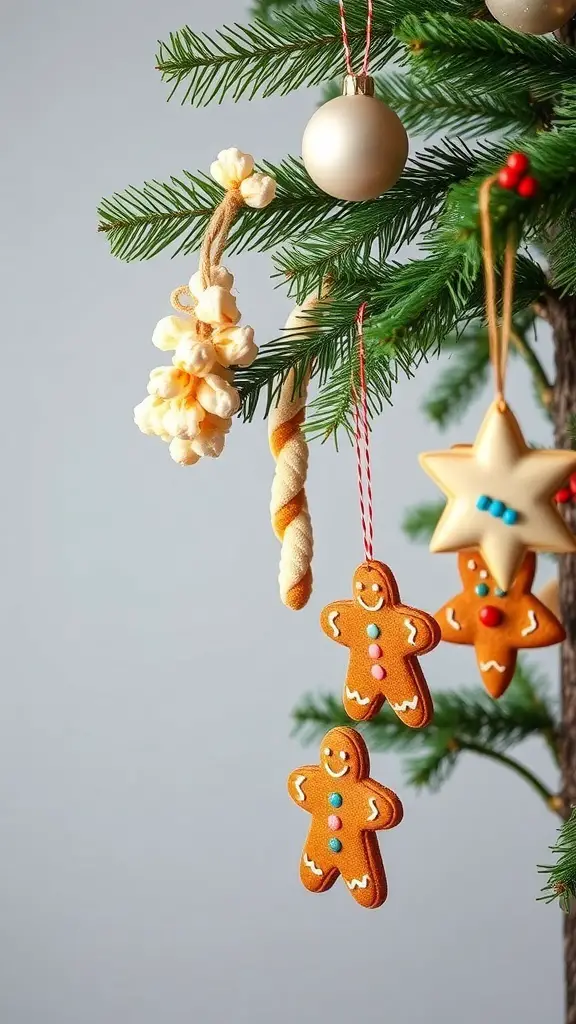 Edible ornaments on a Christmas tree including gingerbread men, popcorn garlands, and shiny ornaments.