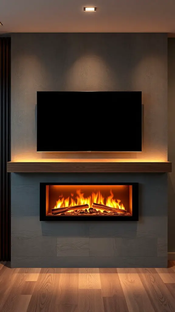 29+ Stunning TV Fireplace Wall Ideas You’ll Love 3 A modern fireplace wall with a TV above it, showcasing smart home integration features.