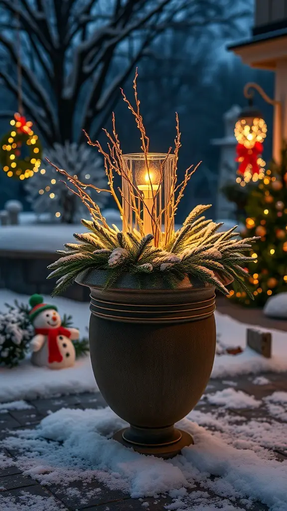 A beautifully illuminated holiday planter with a glowing lantern and frosted greenery, set in a snowy outdoor scene.