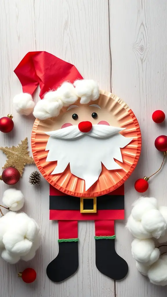 A colorful Paper Plate Santa Claus craft made with a paper plate, cotton balls, and colored paper.
