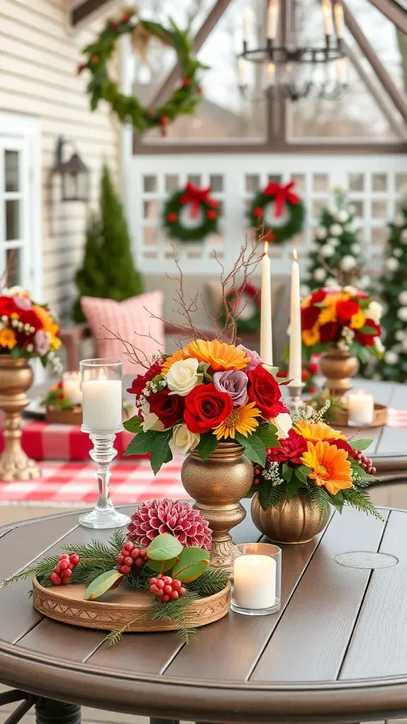 A beautifully decorated patio table with seasonal centerpieces featuring flowers, candles, and natural elements.