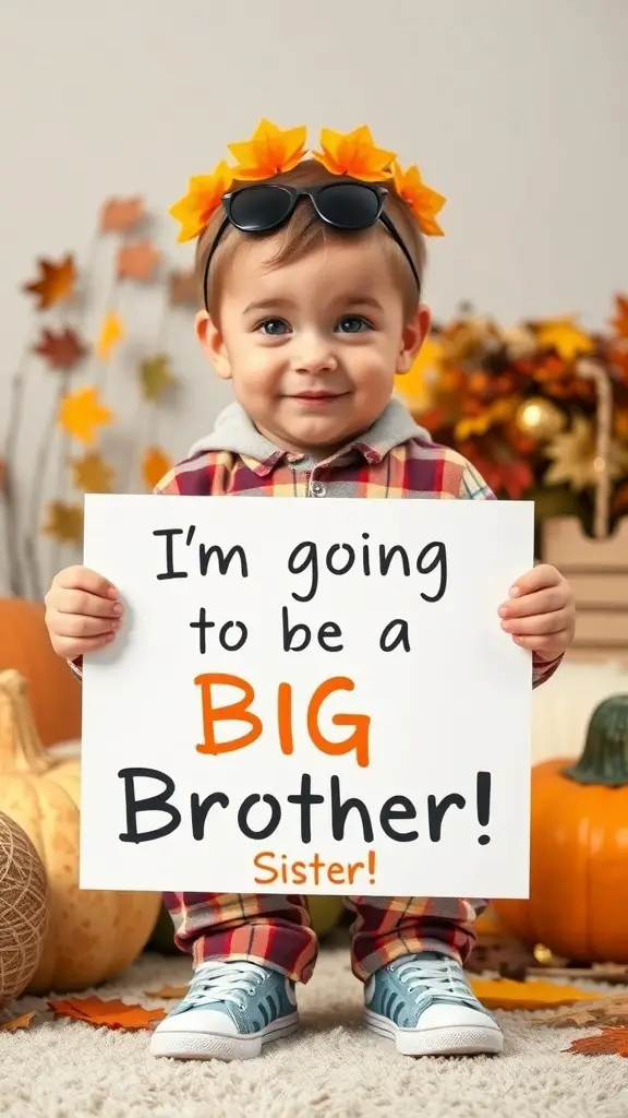 A toddler holding a sign that says 'I'm going to be a BIG Brother! Sister!' surrounded by autumn decorations.