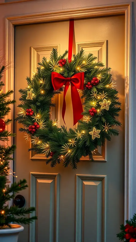 A festive Christmas wreath with red bow and lights, hanging on a door.