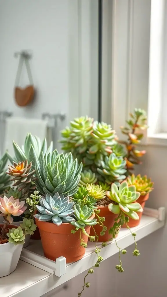 29+ Inspiring Boho Bathroom Shelf Decor Ideas to Transform Your Space 8 A variety of succulents in terracotta pots arranged on a bathroom shelf.