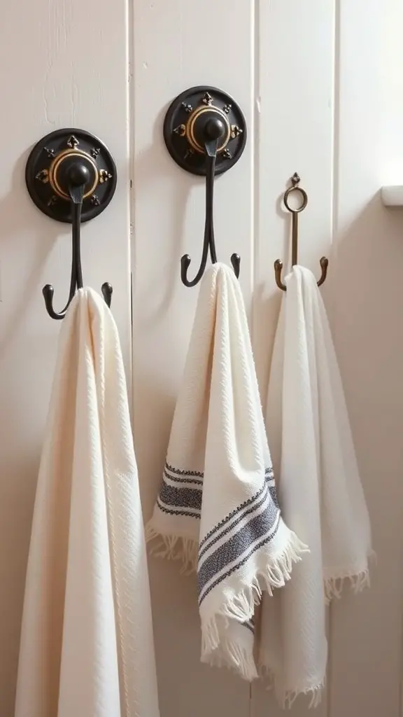 Vintage-inspired wall hooks with towels hanging