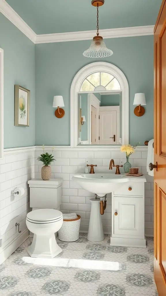 25+ Stunning Master Bath Ideas to Transform Your Space 11 A vintage-inspired master bath featuring blue walls, white subway tiles, and modern fixtures.