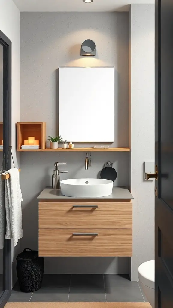 27+ Stunning Floating Vanity Ideas for Your Bathroom Renovation 5 A modern floating vanity in a bathroom with a round sink and wooden accents.