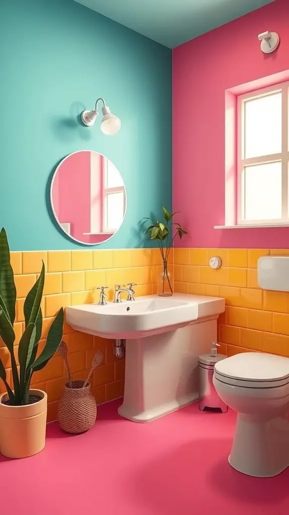 29+ Stunning Half Bath Wallpaper Ideas to Transform Your Space 11 A bright half bath featuring turquoise, pink, and yellow color blocks with a plant.