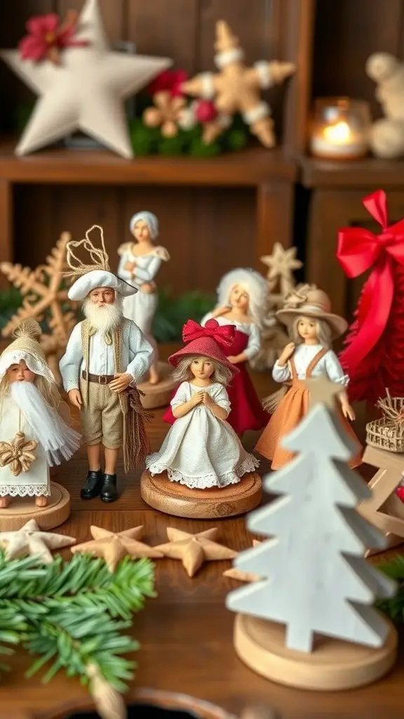 A collection of vintage-style handmade ornaments featuring figurines in traditional attire, surrounded by natural decorations.